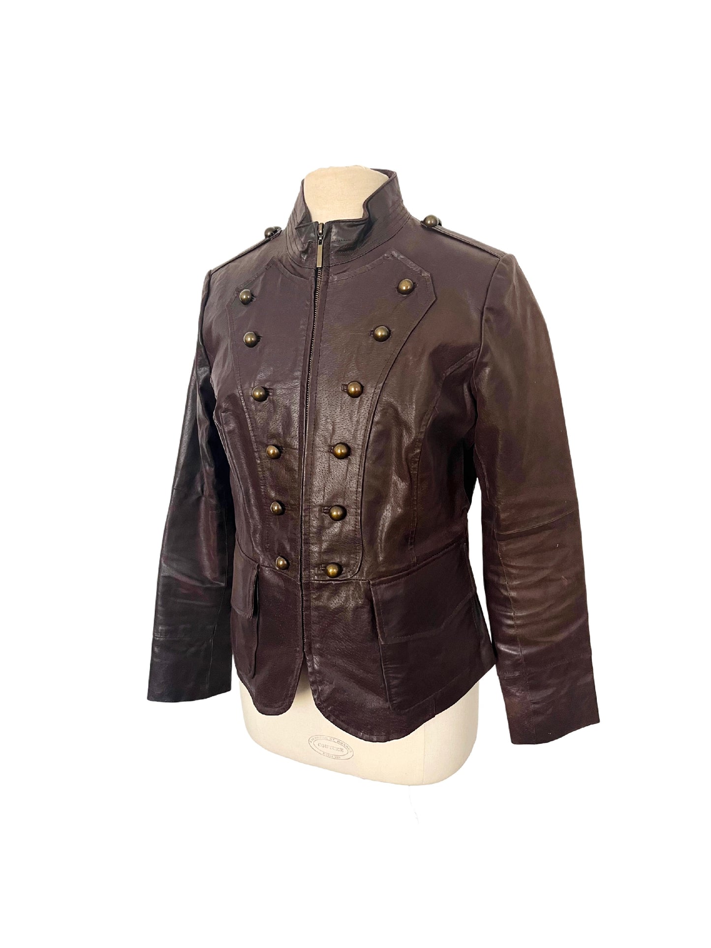 Veste vintage en cuir véritable marron style officier – Taille 40