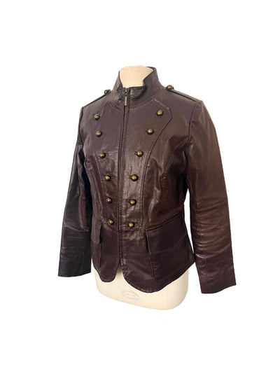 Veste vintage en cuir véritable marron style officier – Taille 40