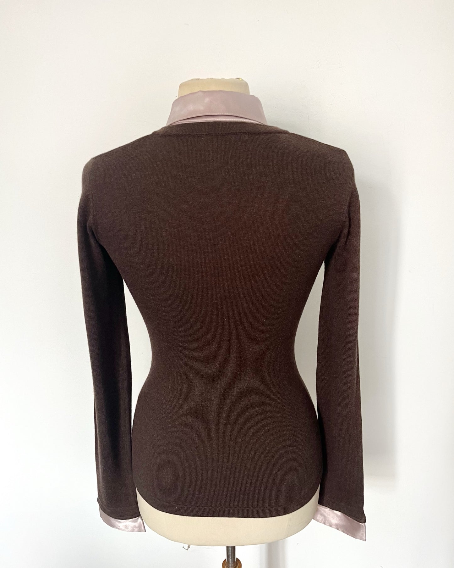 Pull fin vintage à col en soie rose parme - Taille 38
