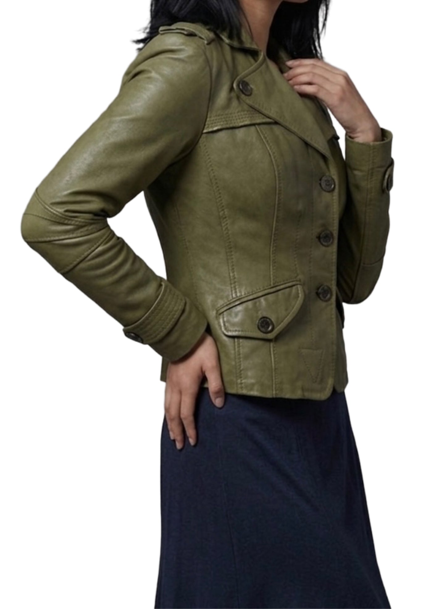 Veste vintage en cuir véritable kaki – Coupe caban cintrée – Taille 40/42