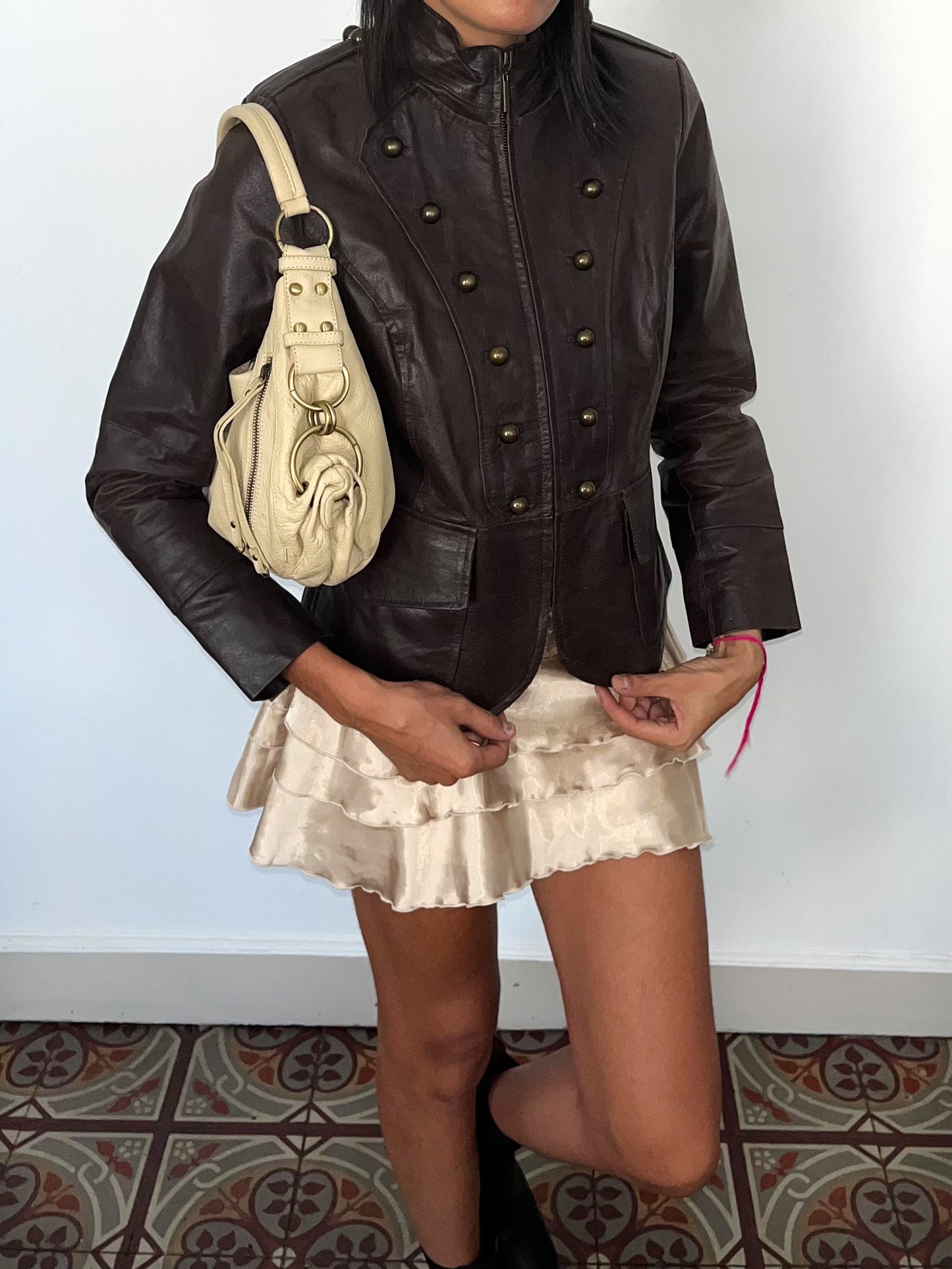 Veste vintage en cuir véritable marron style officier – Taille 40