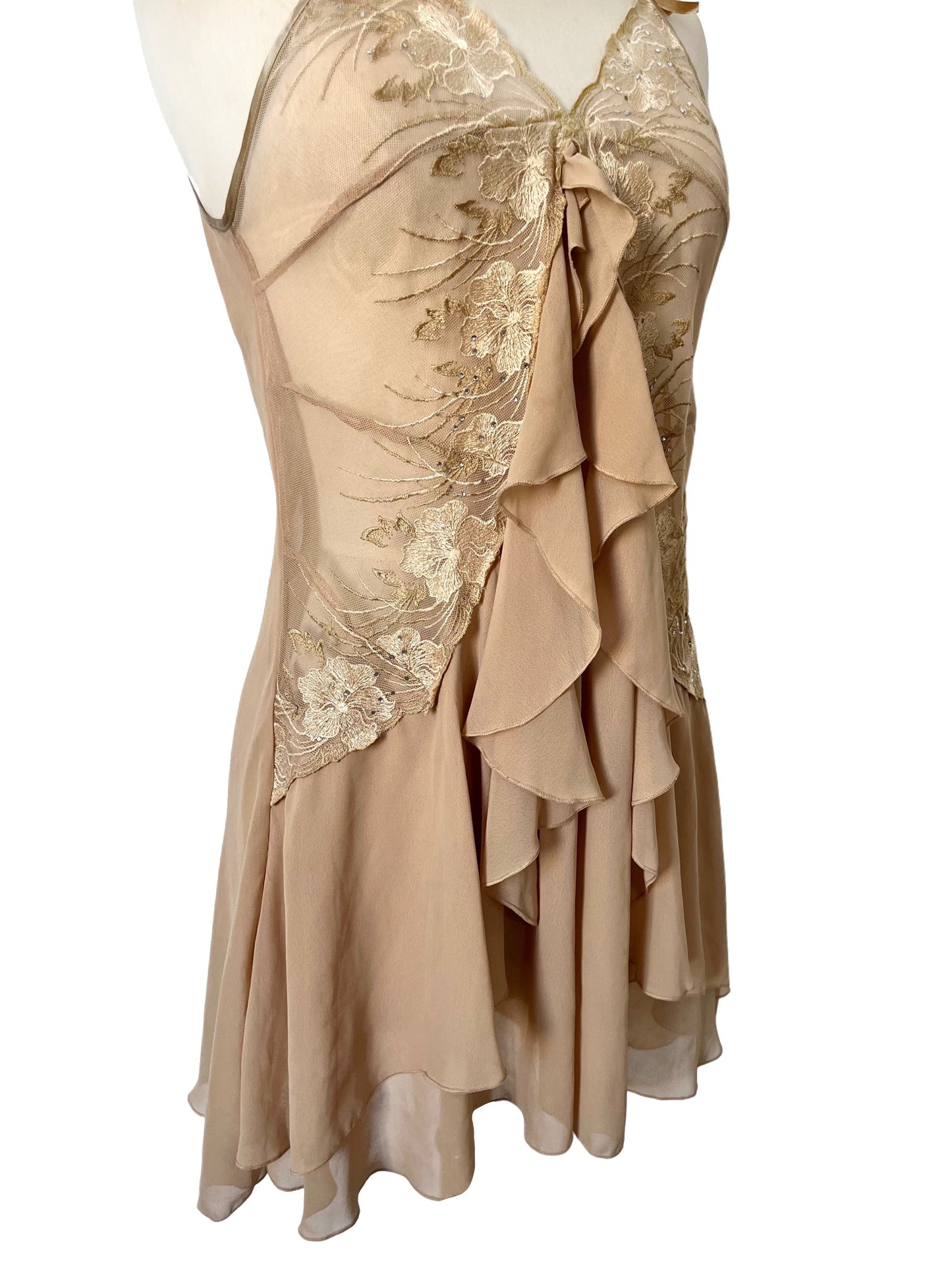 Robe Style Lingerie en Mousseline Beige — 34/36 (XS/S) — Dentelle, Strass & Dos Corset — Style Coquette / Fairycore Y2K