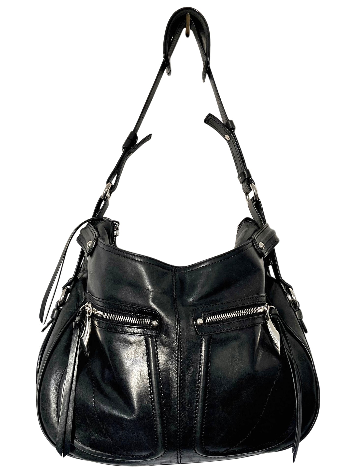 Sac à Main Francesco Biasa Demi-Lune Vintage en Cuir Lisse Noir — Bijouterie Argentée — Made in Italy