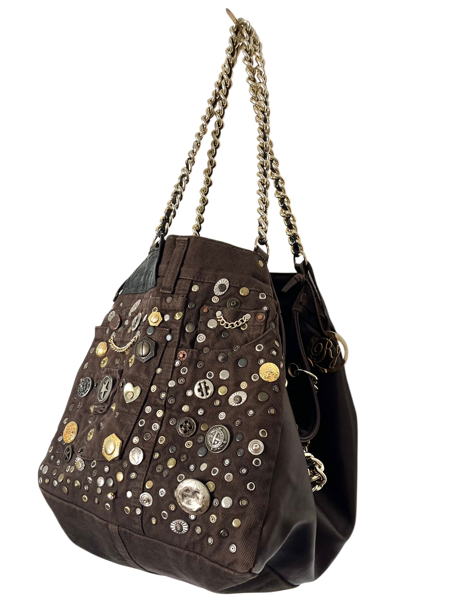 Grand sac bi-matière cuir & denim clouté — Très bon état — Format XL