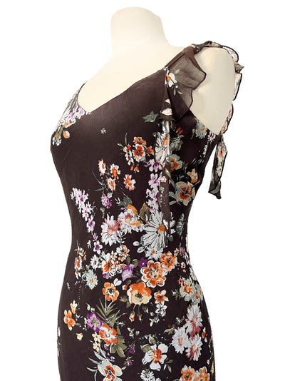 Robe Mi-Longue Fluide et Asymétrique — 38 FR (M) — Imprimé Fleuri Chocolat — Style Romantique Y2K