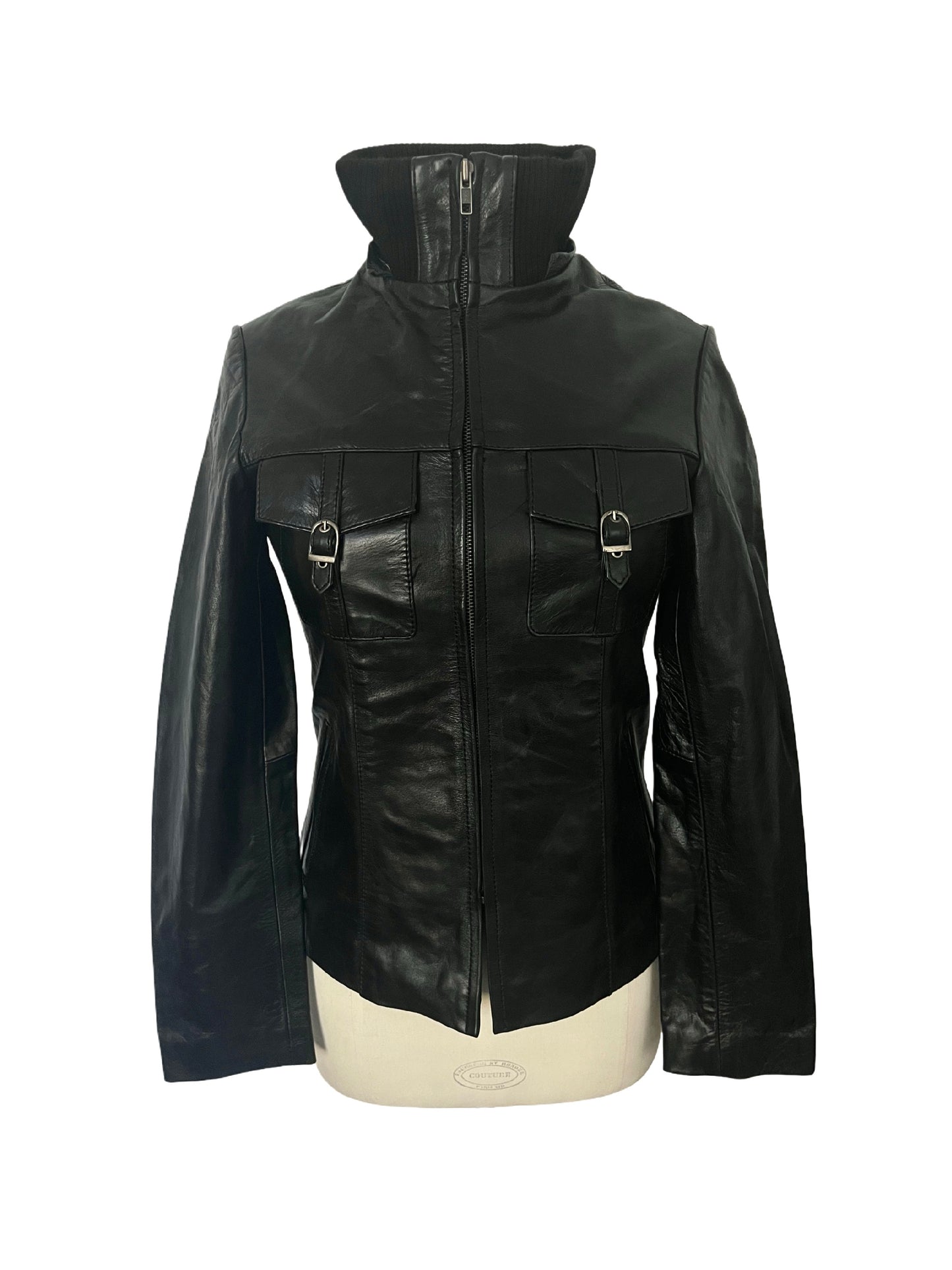 Valéria – Veste vintage en cuir véritable col montant, taille M