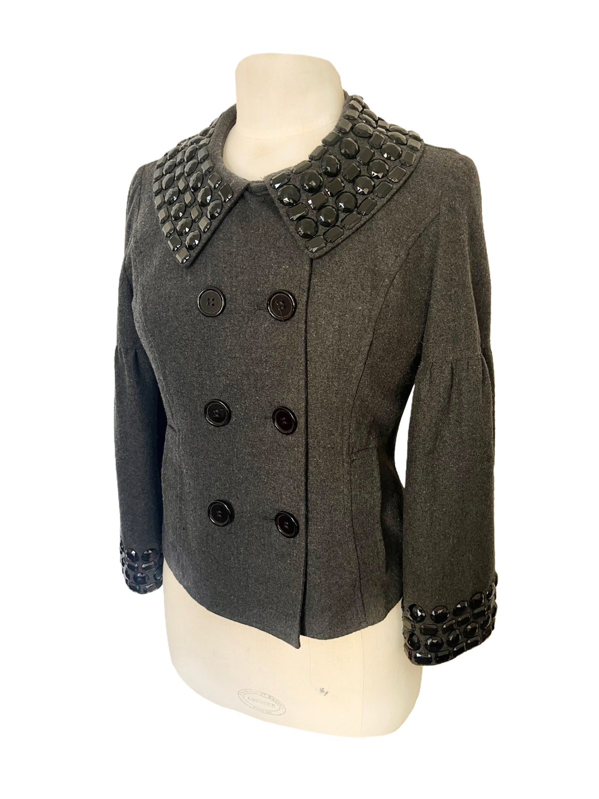 Veste Courte Style Caban Gris Anthracite Col Claudine & Poignets Gemmes Noires — T. 38