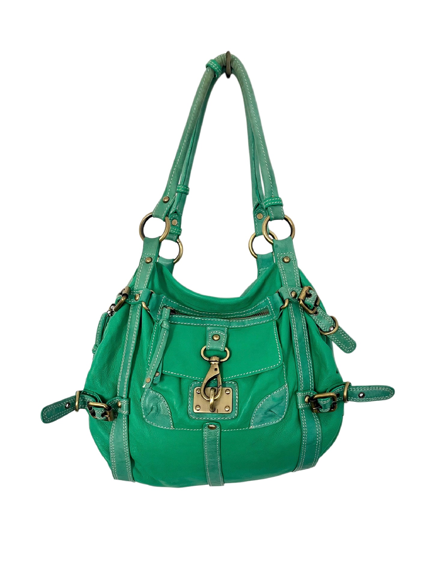 Sac à Main Fourre-Tout en Cuir Vert Turquoise — Format Medium — Style Vintage / Bohème