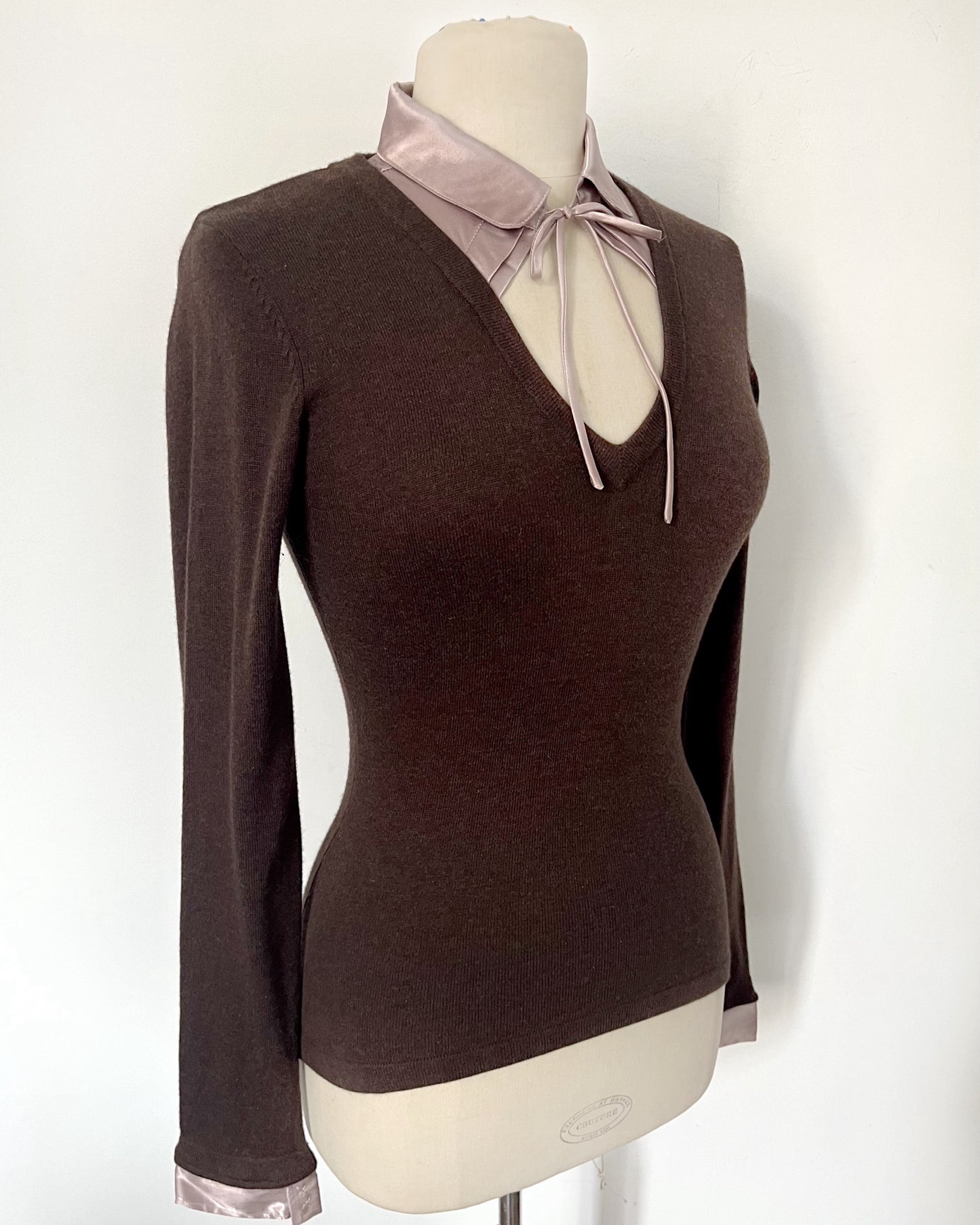 Pull fin vintage à col en soie rose parme - Taille 38