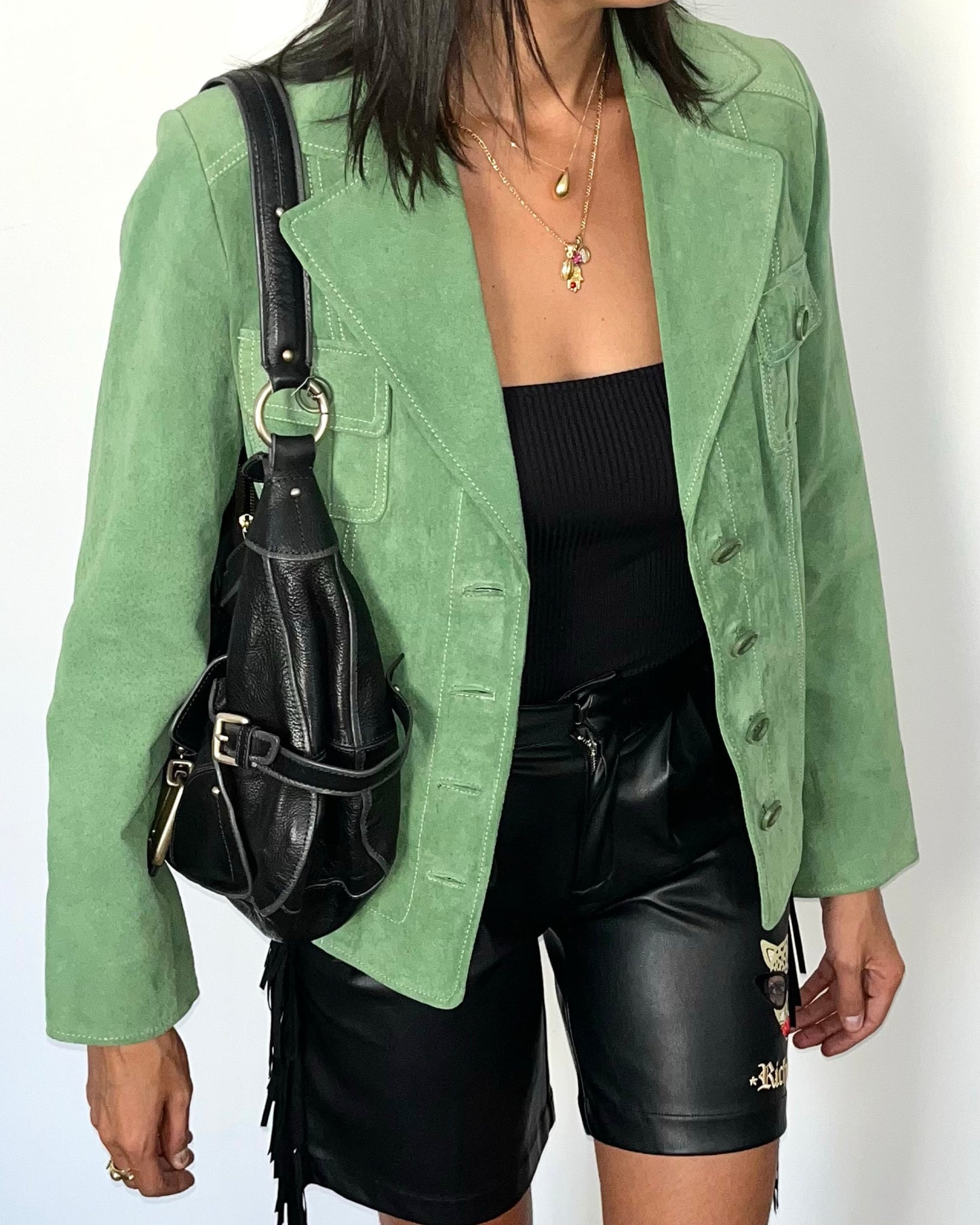 Veste vintage en cuir véritable vert clair – Taille 40
