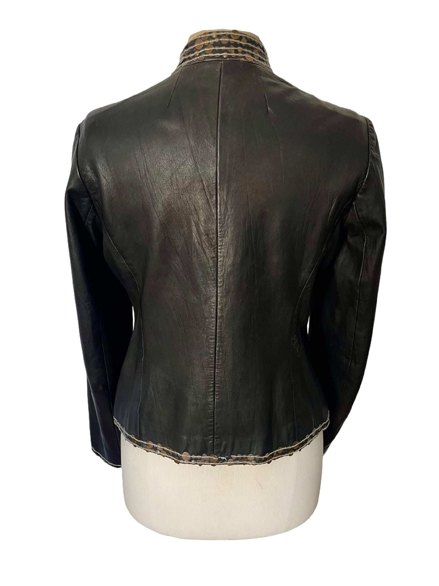 Veste En Similicuir Marron À Broderies & Sequins Mordorés (Made In India) — Taille 42/44