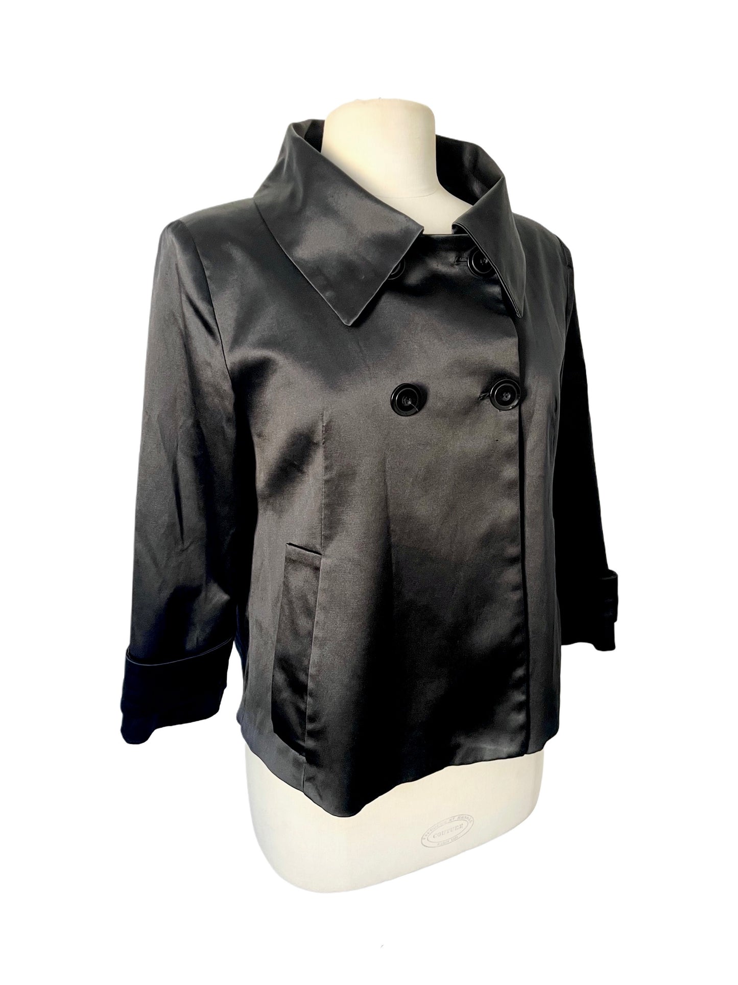 VESTE VINTAGE CABAN COURT EN SATIN NOIR - (MADE IN SPAIN) - TAILLE 38/40