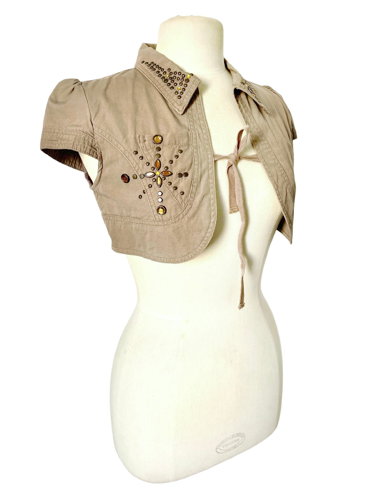 Boléro Court en Toile Beige Sable Style Y2K / Western Chic — T. 36