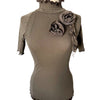 Top vintage en mesh taupe & marron à col montant smocké — (Made in Italy) — taille 38/40