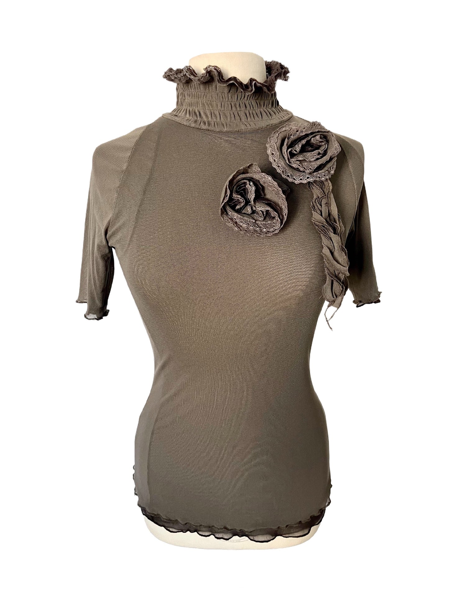 Top vintage en mesh taupe & marron à col montant smocké — (Made in Italy) — taille 38/40