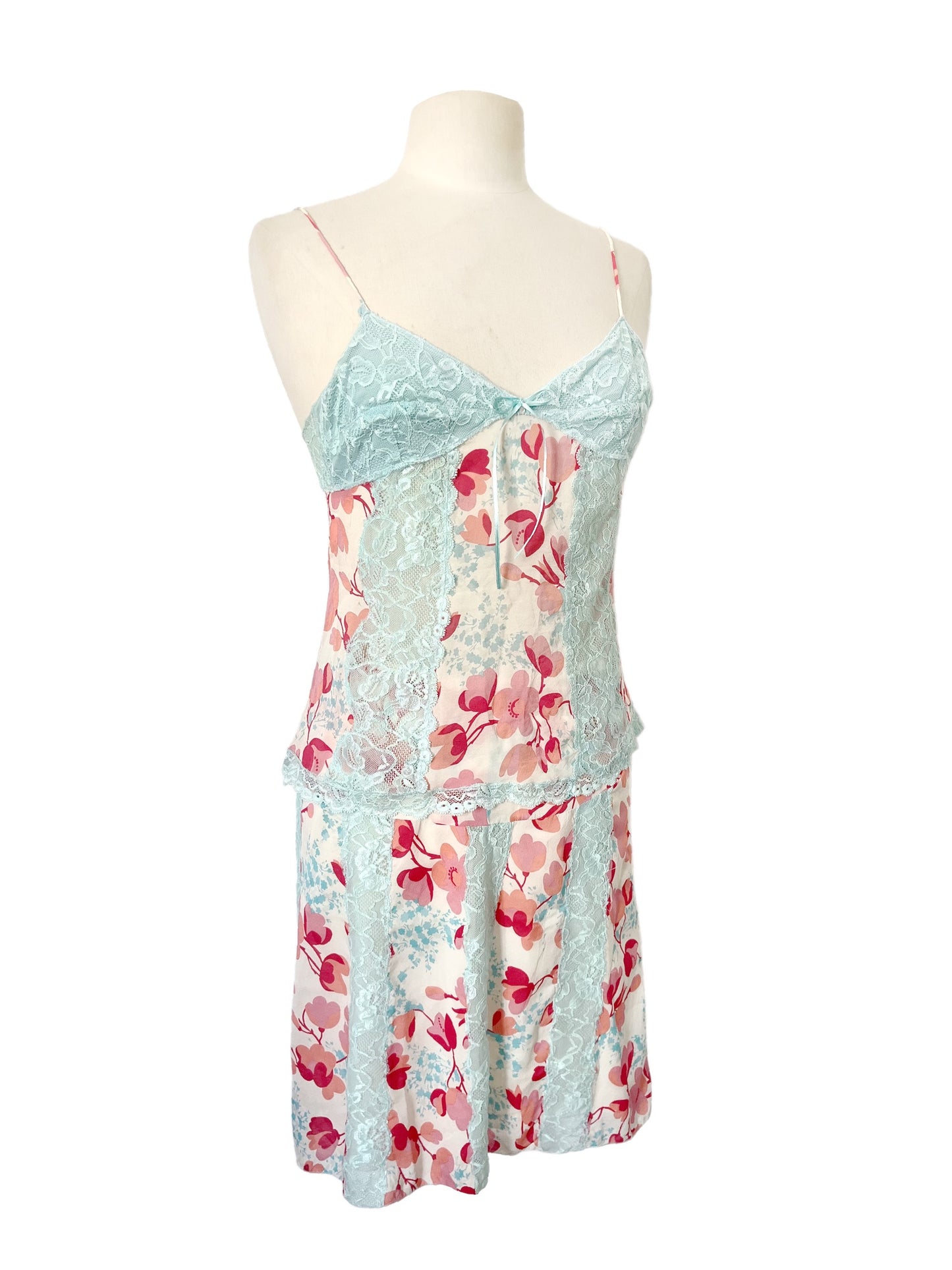 Ensemble Coordonné PINKO Esprit Lingerie en Soie & Dentelle Bleu Pastel — Top Caraco + Jupe Fleuries — taille 38/40 — Coquette / Boudoir Chic / Y2K