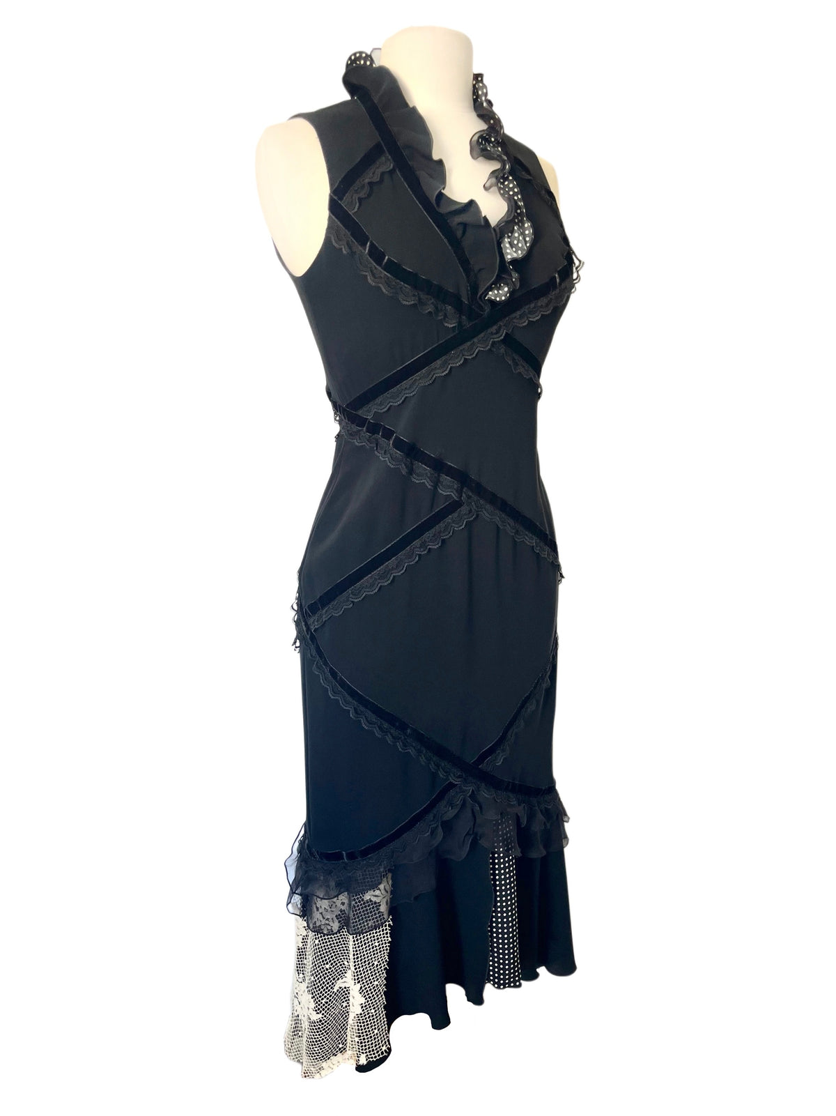 Robe Midi Asymétrique Style Whimsigoth Noir & Soie à Pois — T. 36