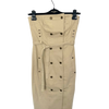 Robe bustier vintage beige – mi-longue, ceinture intégrée, détails dorés – T36
