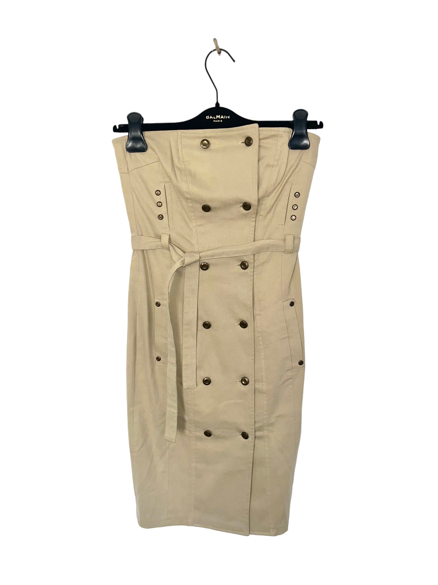 Robe bustier vintage beige – mi-longue, ceinture intégrée, détails dorés – T36