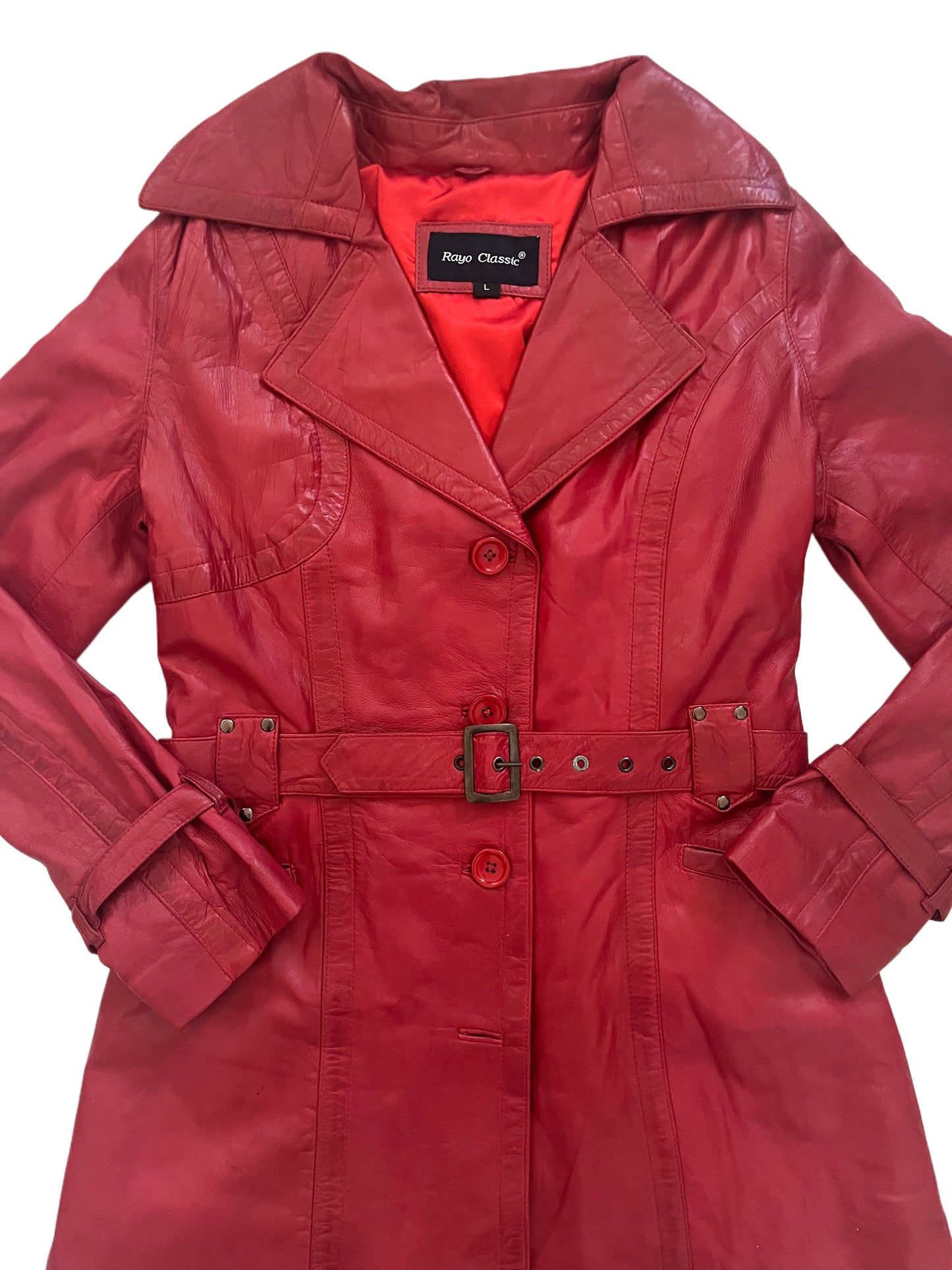 Carrie – Manteau long vintage en cuir véritable rouge, neuf avec étiquette