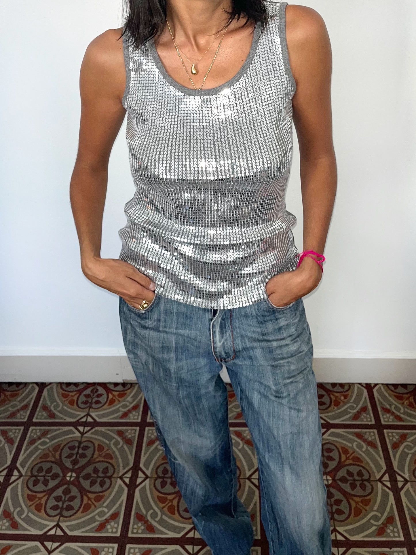 Top sans manches années 2000 à sequins argentés – Taille 38/40