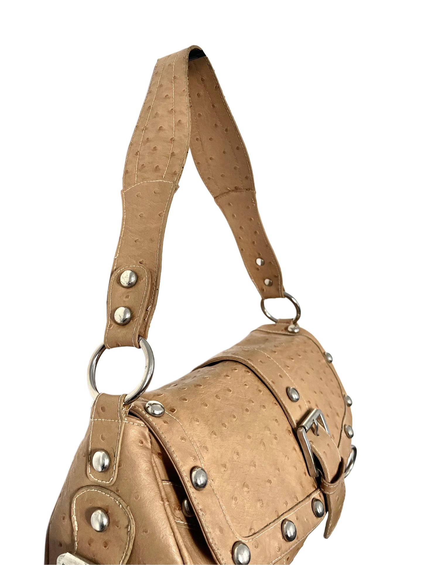 SAC BAGUETTE VINTAGE EFFET CUIR D’AUTRUCHE — DÉTAILS RIVETS ARGENTÉS — FORMAT MÉDIUM