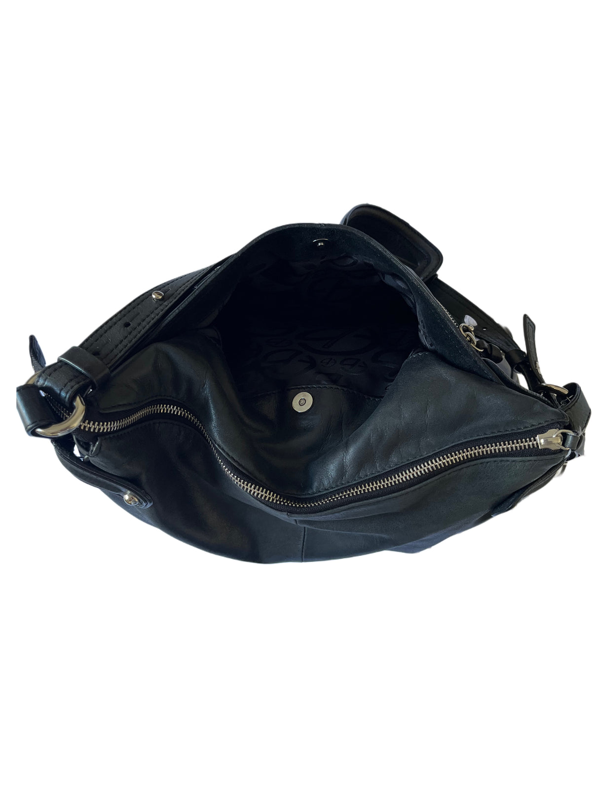Sac à Main Francesco Biasa Demi-Lune Vintage en Cuir Lisse Noir — Bijouterie Argentée — Made in Italy