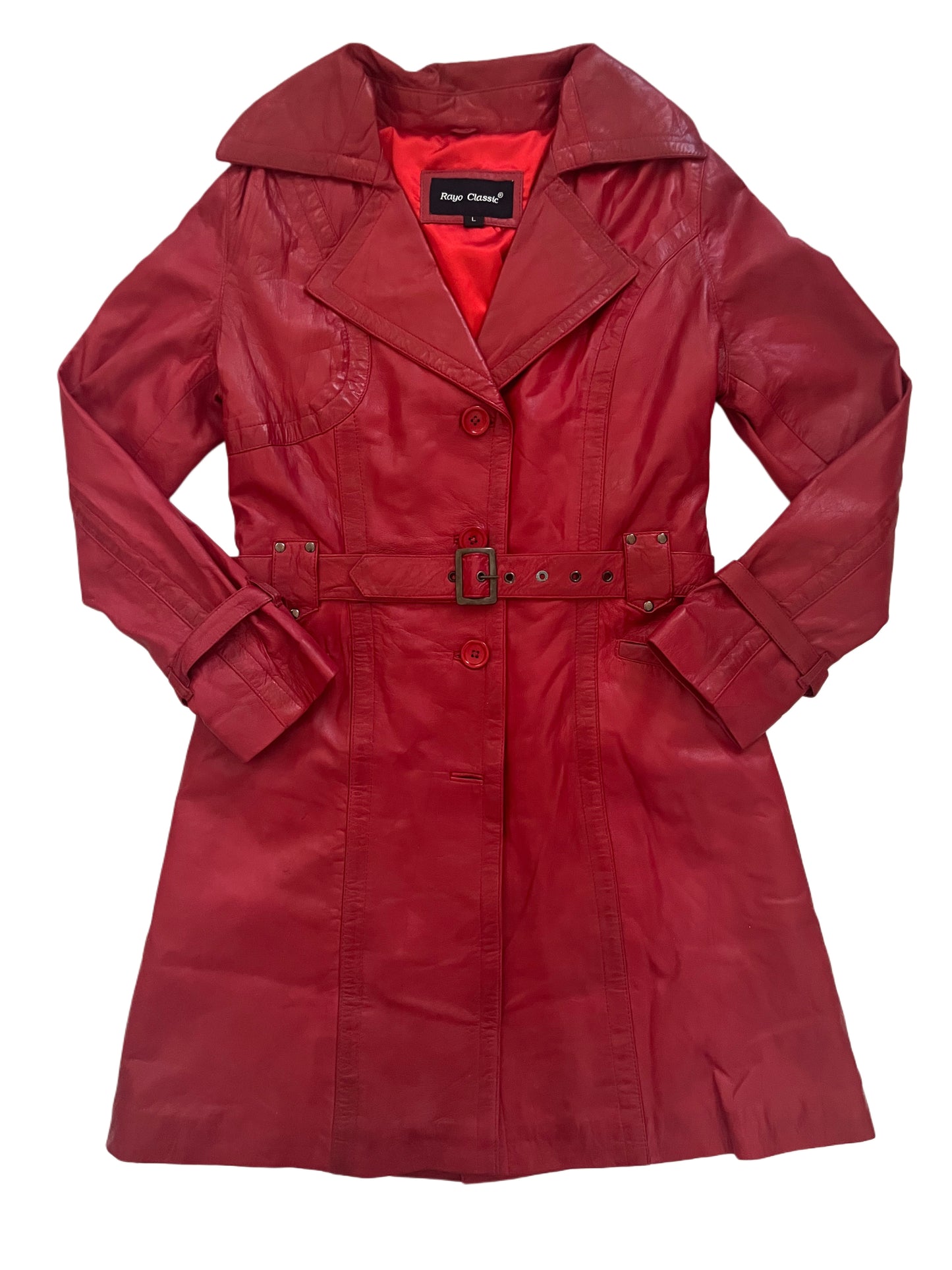 Carrie – Manteau long vintage en cuir véritable rouge, neuf avec étiquette