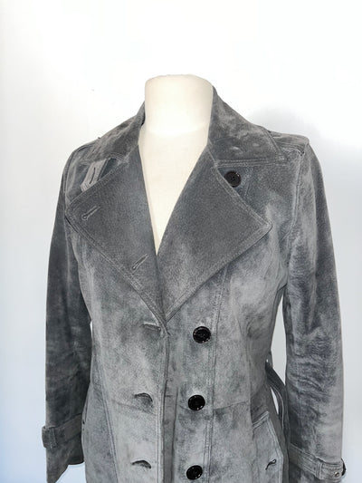 Manteau vintage long en cuir gris souris – Taille 38/40