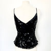 Top vintage noir à fines bretelles 100% soie, broderies perlées et sequins – Taille 38/40