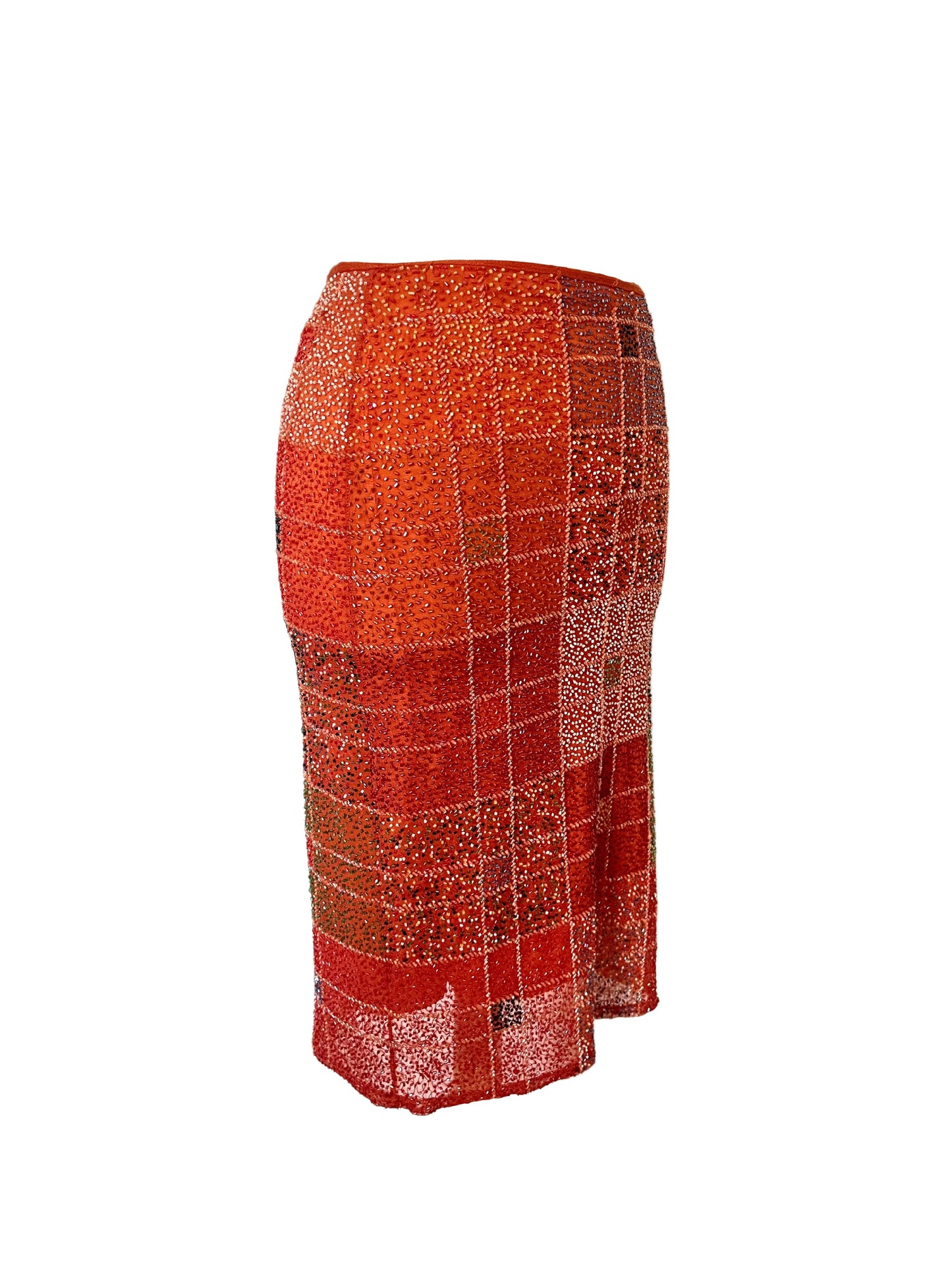 Jupe Midi Vintage Y2K Entièrement Perlée - Motif Géométrique Tons Chauds - Taille 38 (M)