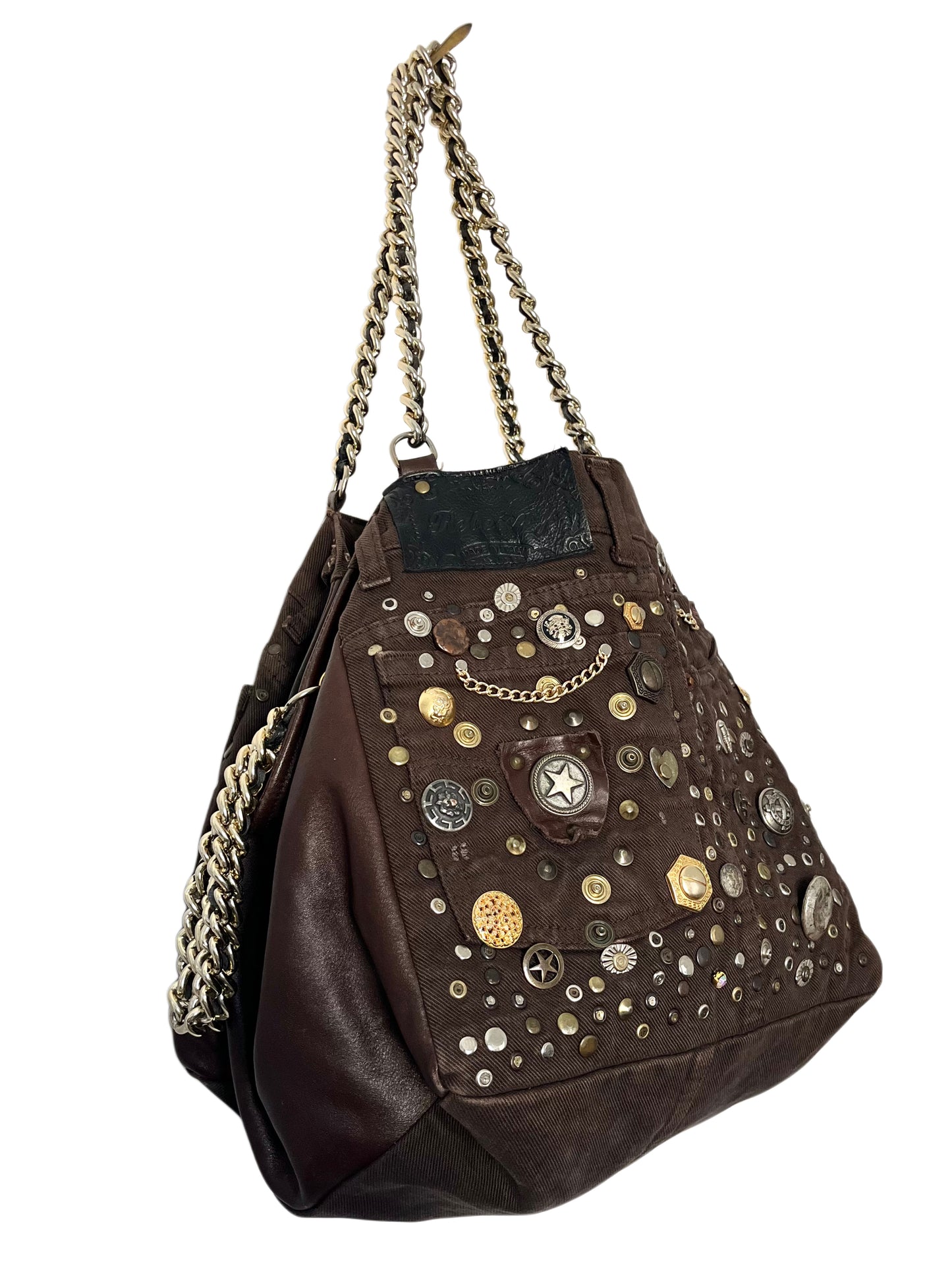 Grand sac bi-matière cuir & denim clouté — Très bon état — Format XL