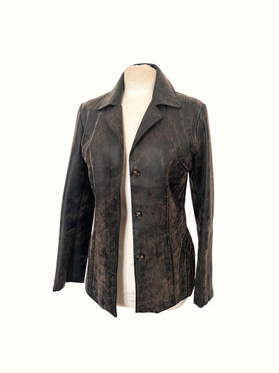 Veste vintage blazer en cuir vieilli marron – coupe cintrée, surpiqûres – T38/40