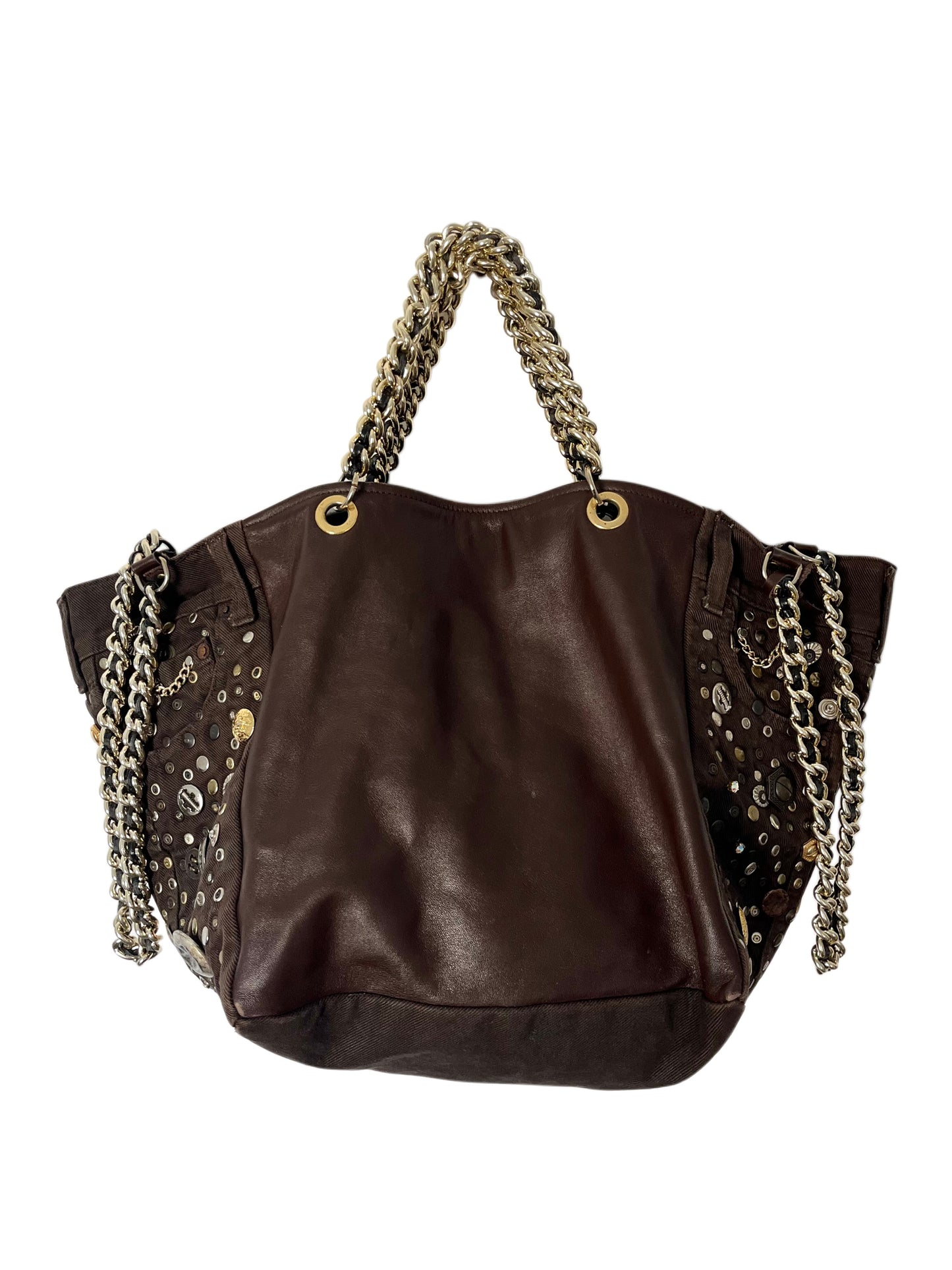 Grand sac bi-matière cuir & denim clouté — Très bon état — Format XL