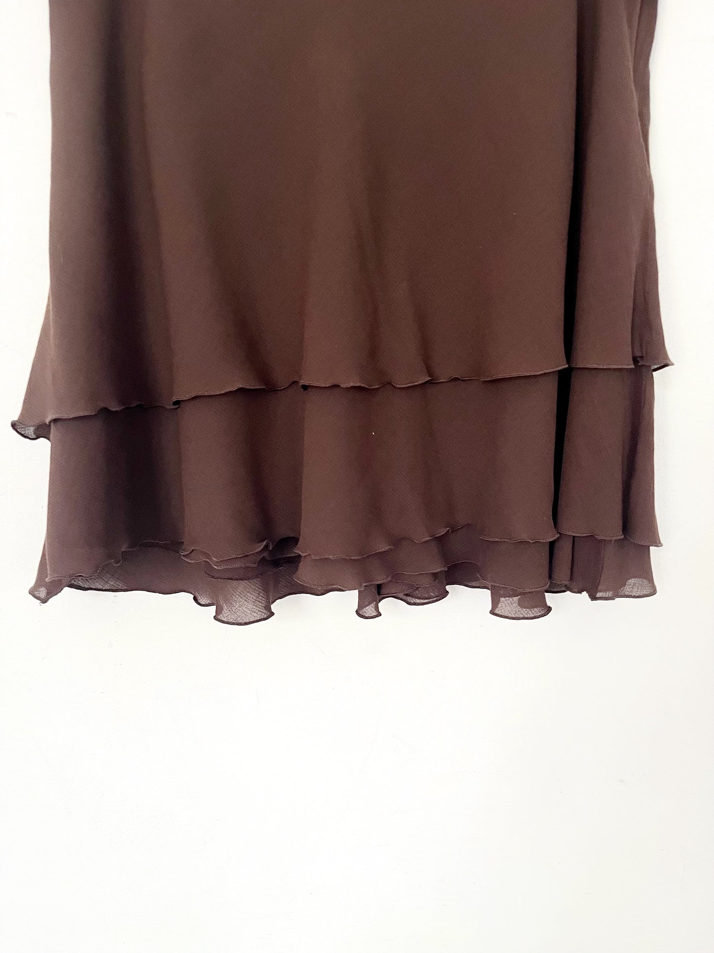 Mini-jupe vintage fluide à volants marron – Taille 40