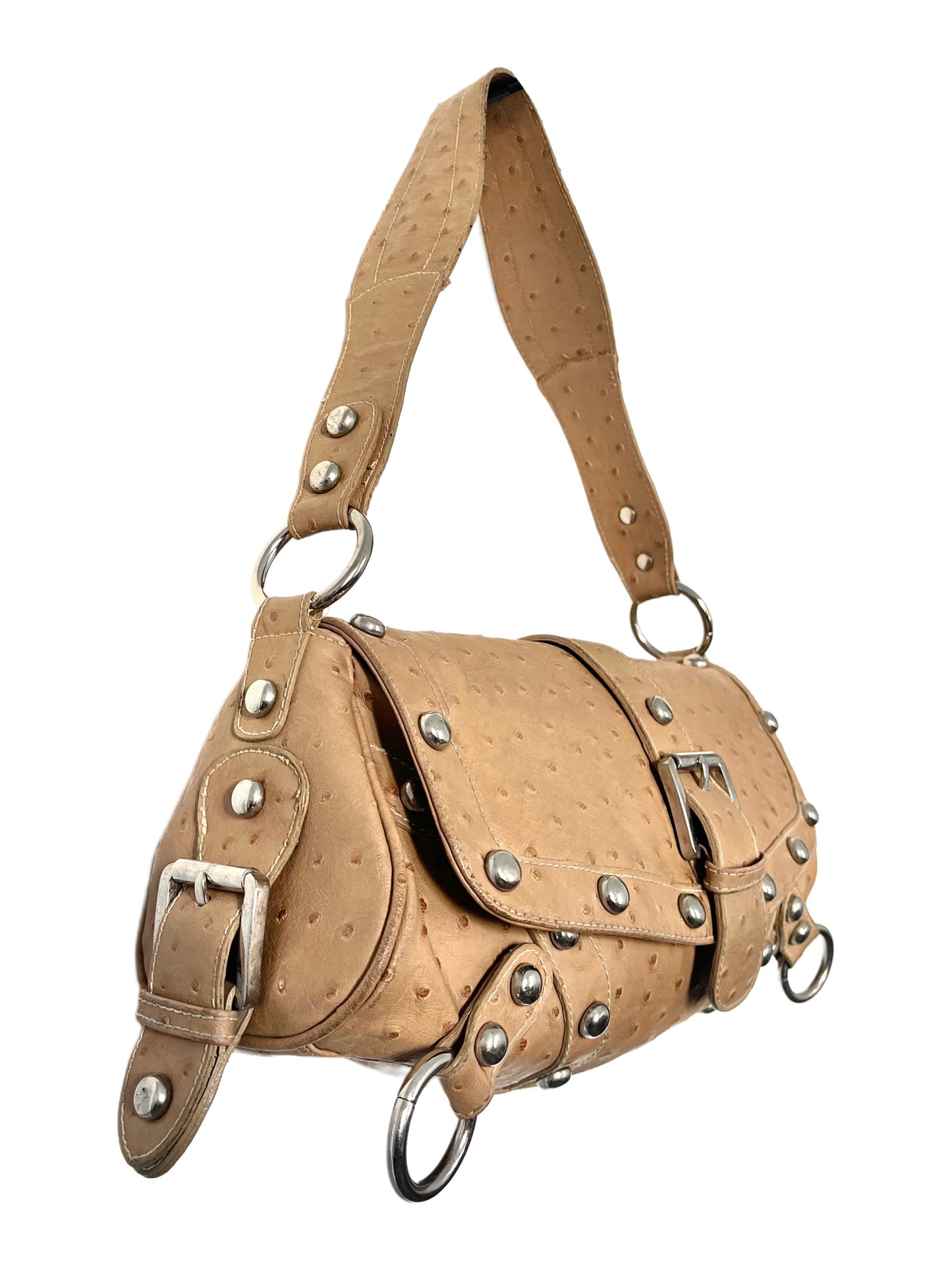 SAC BAGUETTE VINTAGE EFFET CUIR D’AUTRUCHE — DÉTAILS RIVETS ARGENTÉS — FORMAT MÉDIUM