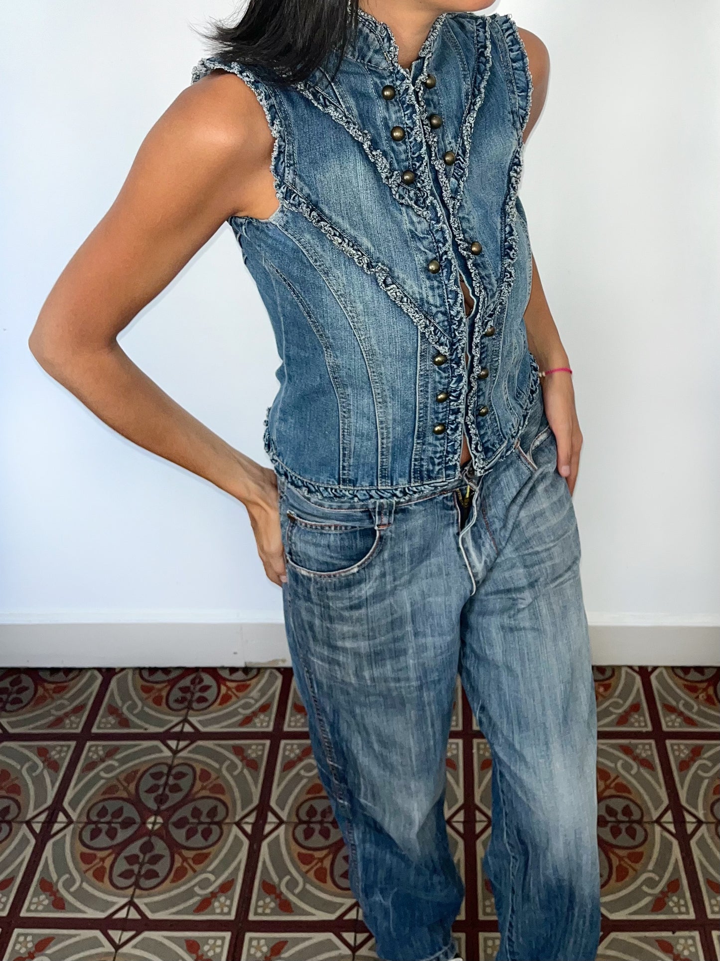Veste vintage sans manches en jean style officier – Taille 36/38