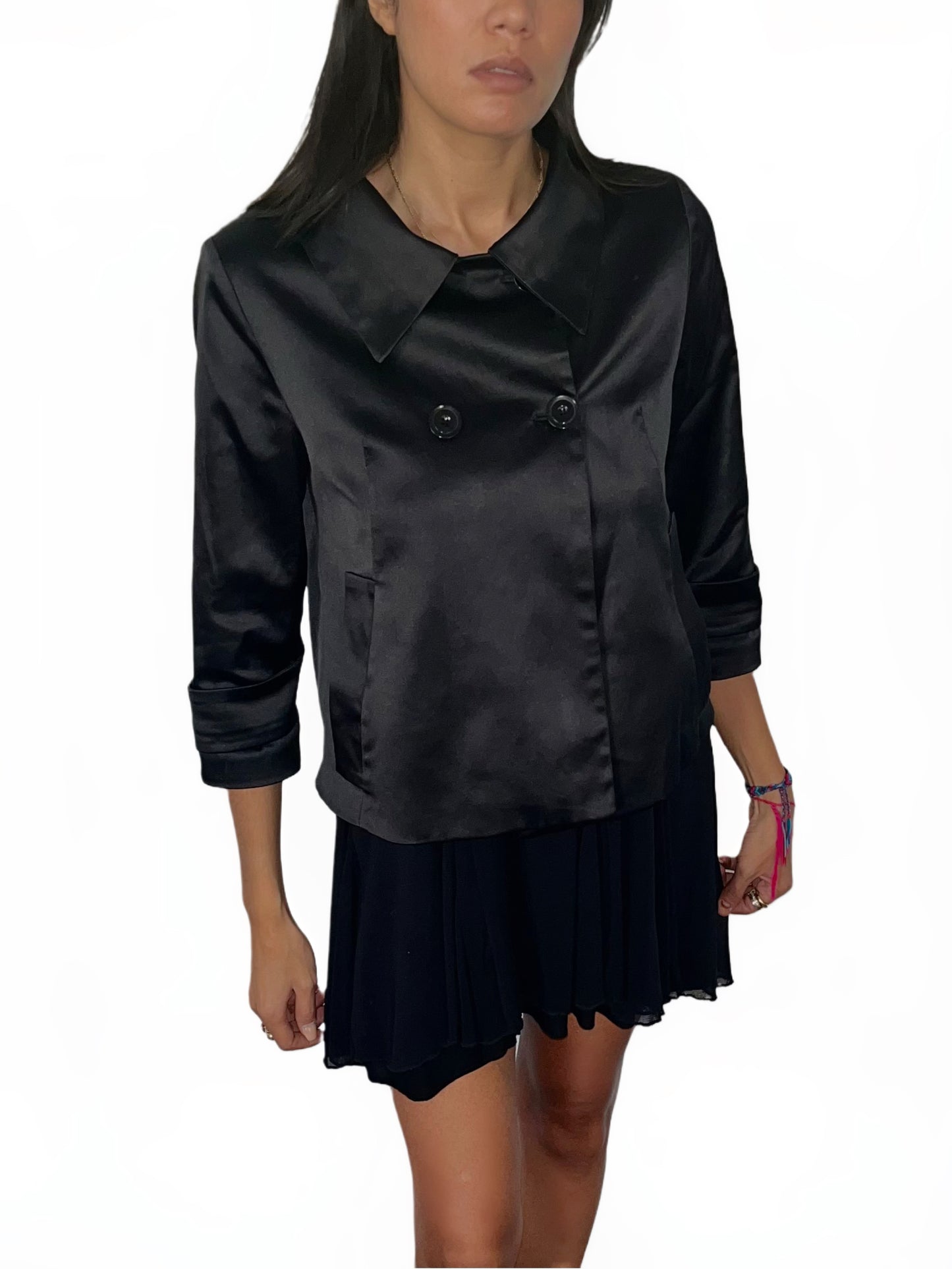 VESTE VINTAGE CABAN COURT EN SATIN NOIR - (MADE IN SPAIN) - TAILLE 38/40
