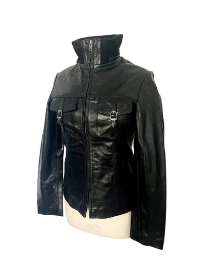 Valéria – Veste vintage en cuir véritable col montant, taille M