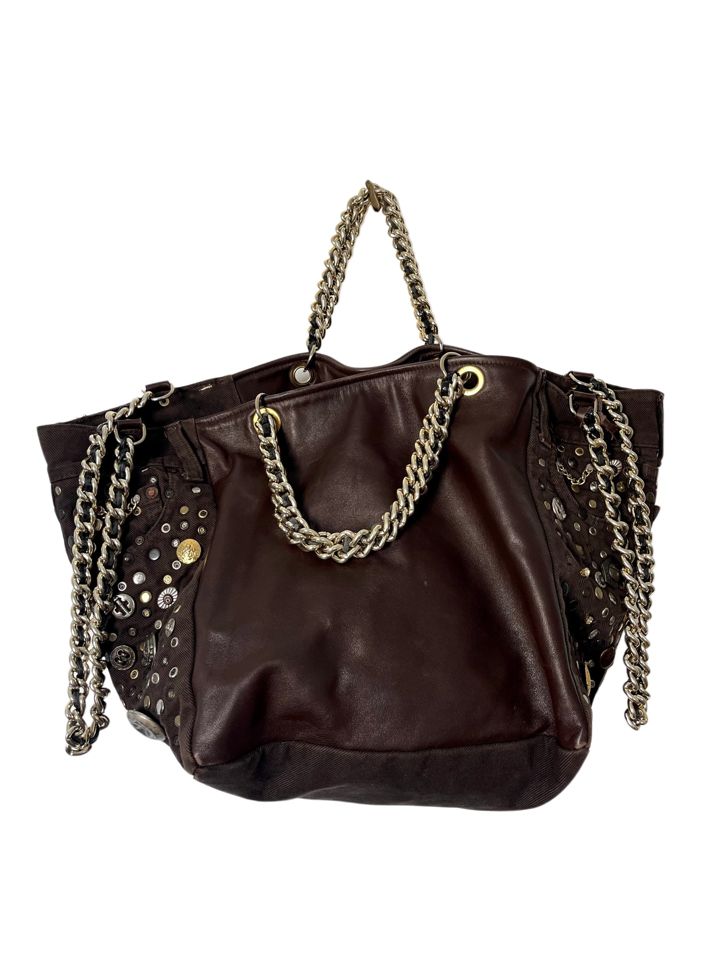Grand sac bi-matière cuir & denim clouté — Très bon état — Format XL