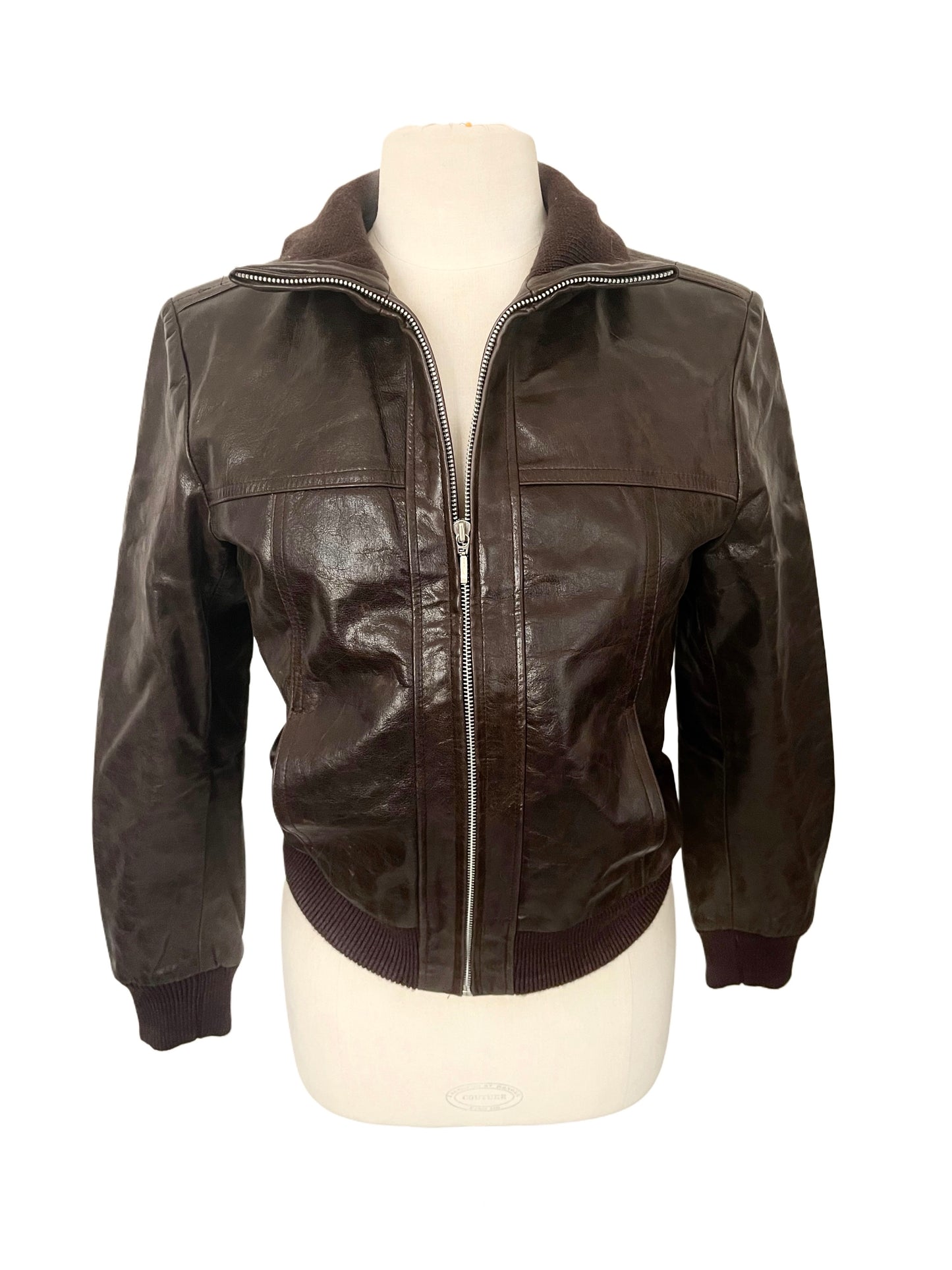 Biley – Veste bomber vintage en cuir véritable marron, col montant, taille 38