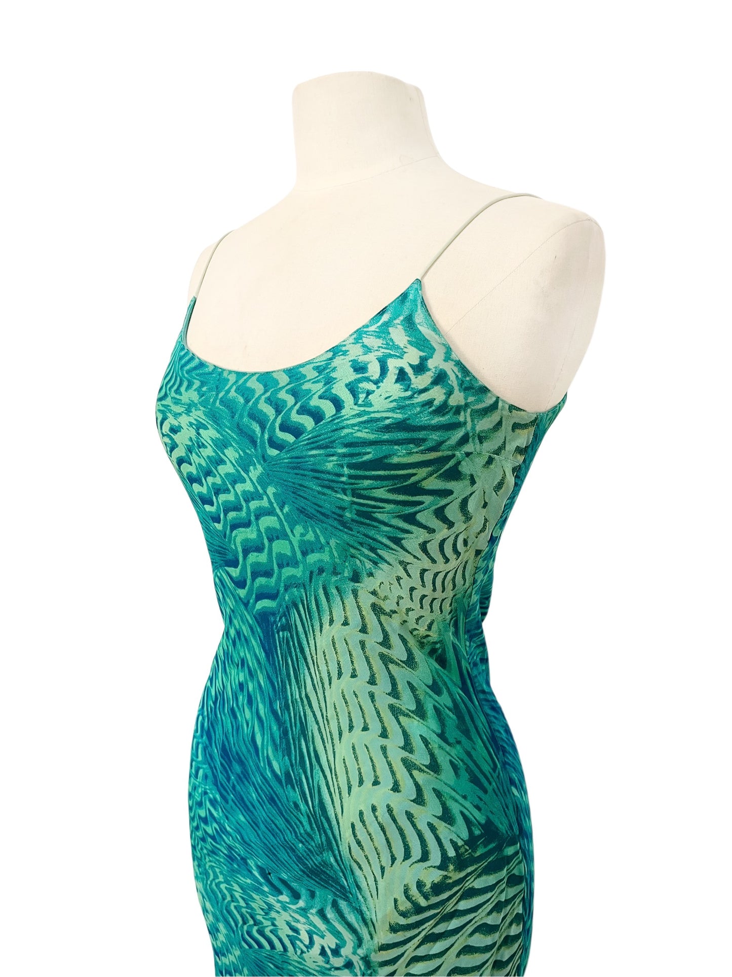 Robe à Fines Bretelles et Motifs Psychédéliques Turquoise / Vert — taille 36/38 — Pièce Vintage