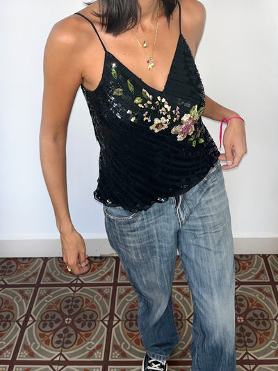 Top vintage noir à fines bretelles 100% soie, broderies perlées et sequins – Taille 38/40