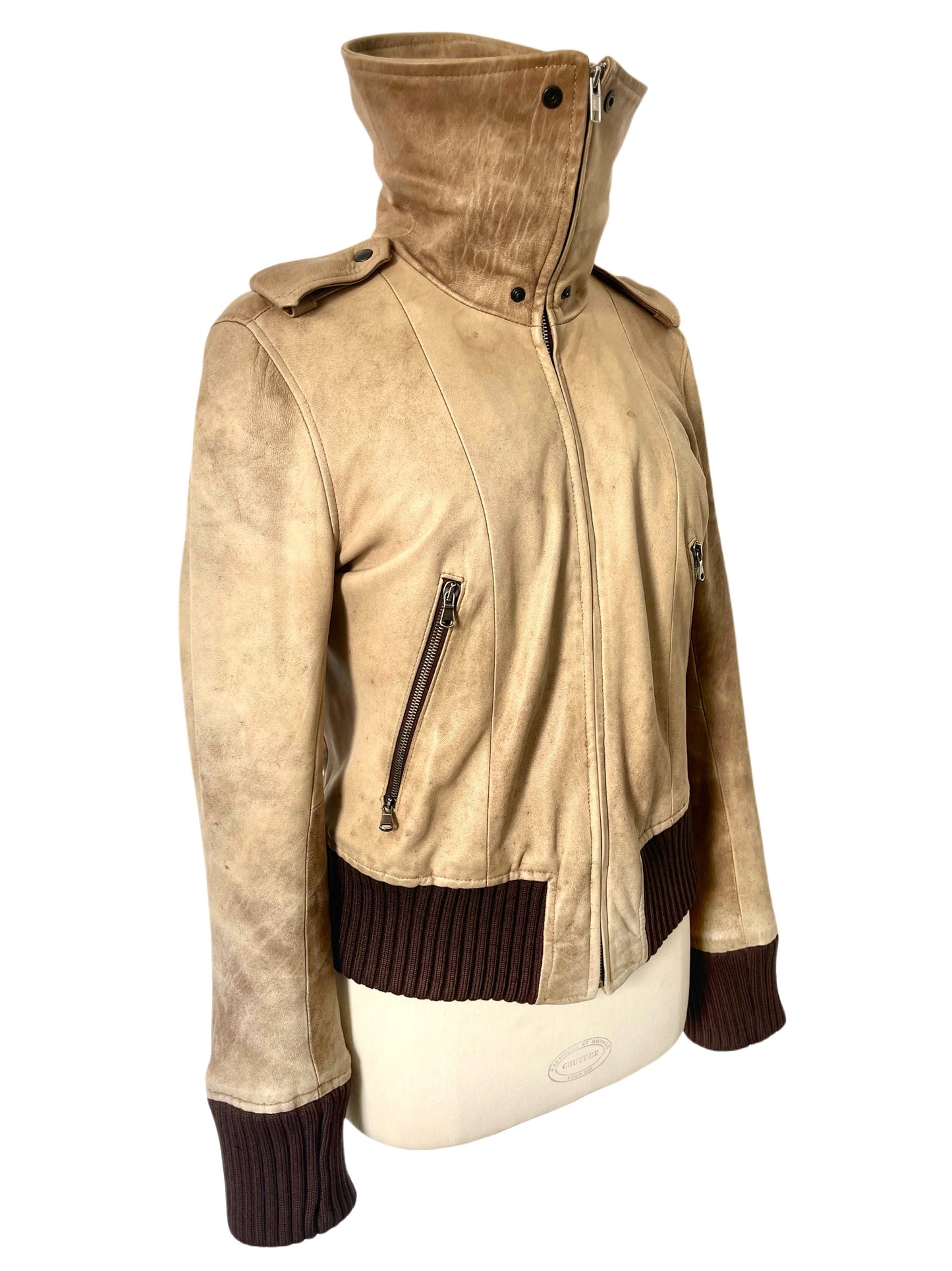 Blouson Aviateur Vintage Cuir Beige Patiné Col XXL — T. 40/42 (46 IT) — Made in Italy