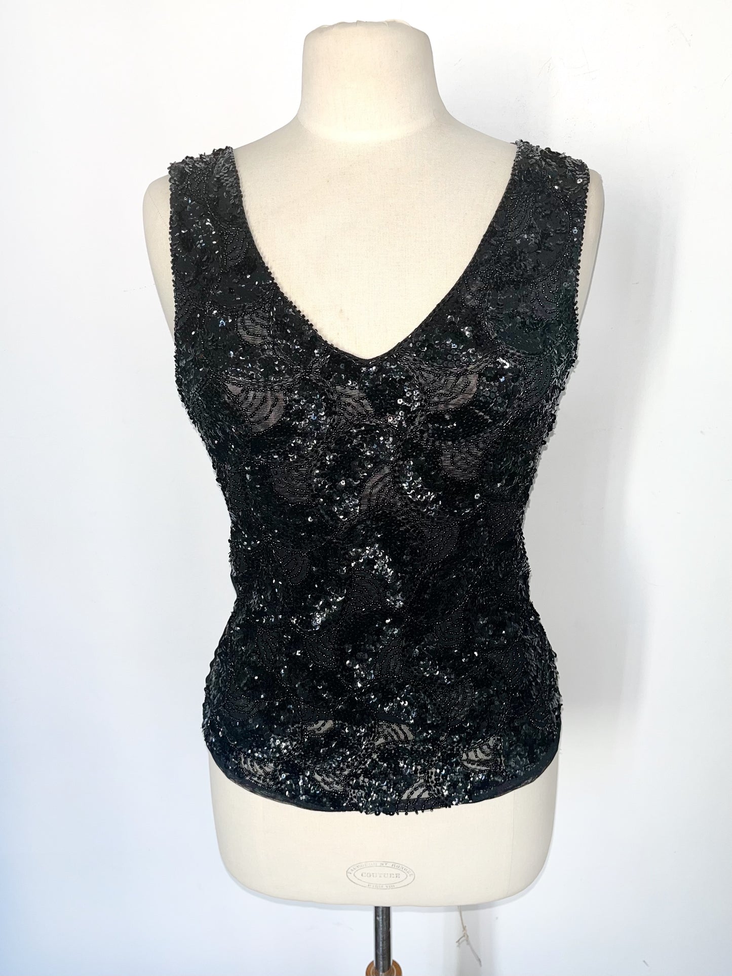 Top vintage en mesh noir brodé sequins et perles – Taille L/40