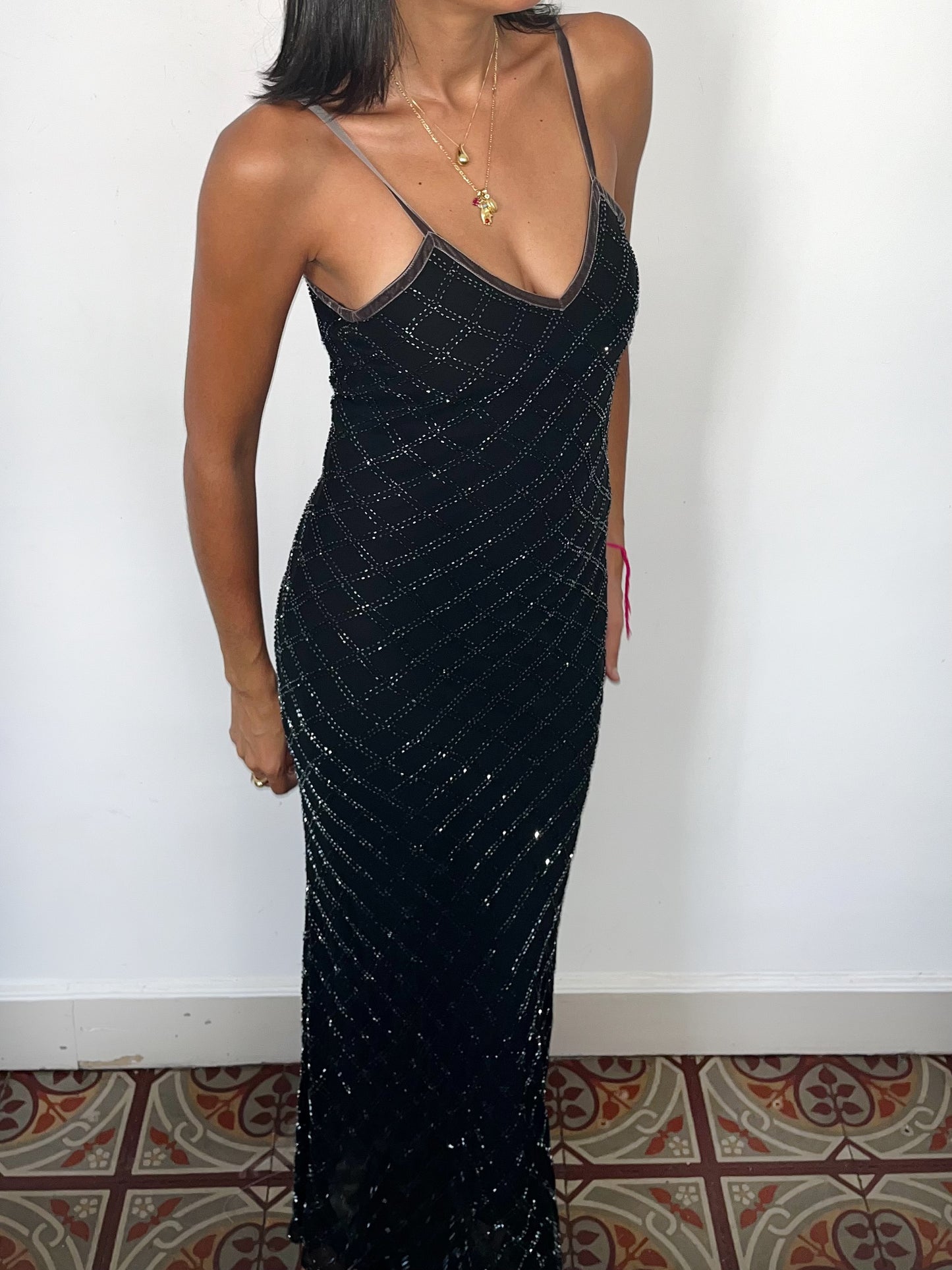 Robe de soirée vintage longue à fines bretelles – Taille 36/38