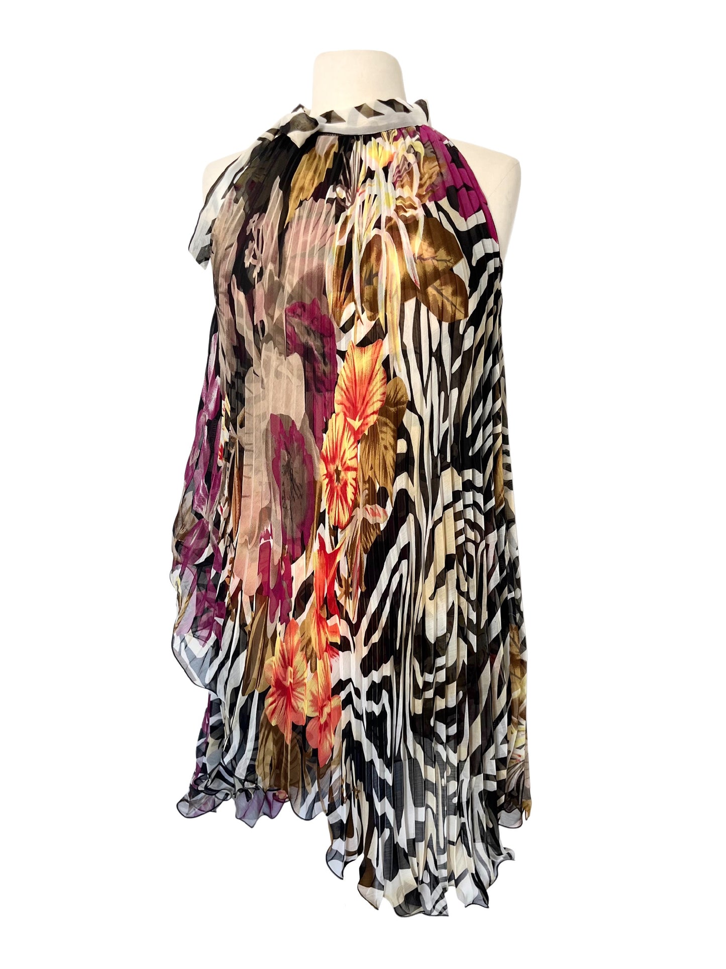 Robe plissée asymétrique zèbre & fleurs — Très bon état — Taille Libre / TU