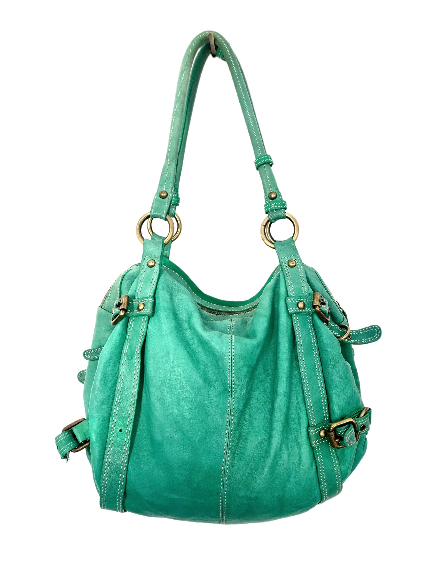 Sac à Main Fourre-Tout en Cuir Vert Turquoise — Format Medium — Style Vintage / Bohème
