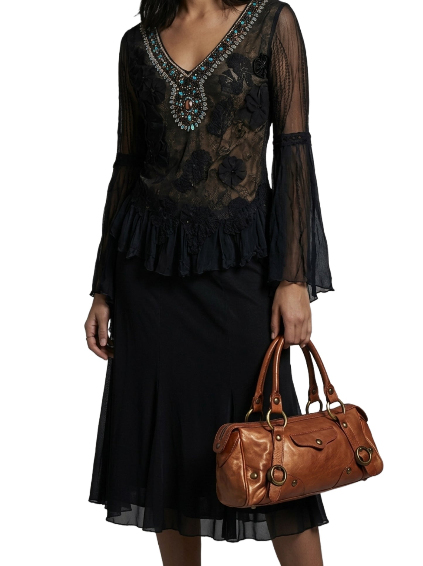 Top Vintage Asymétrique Mesh & Broderies Perlées - Bohème Chic - Taille 38/40 (M)