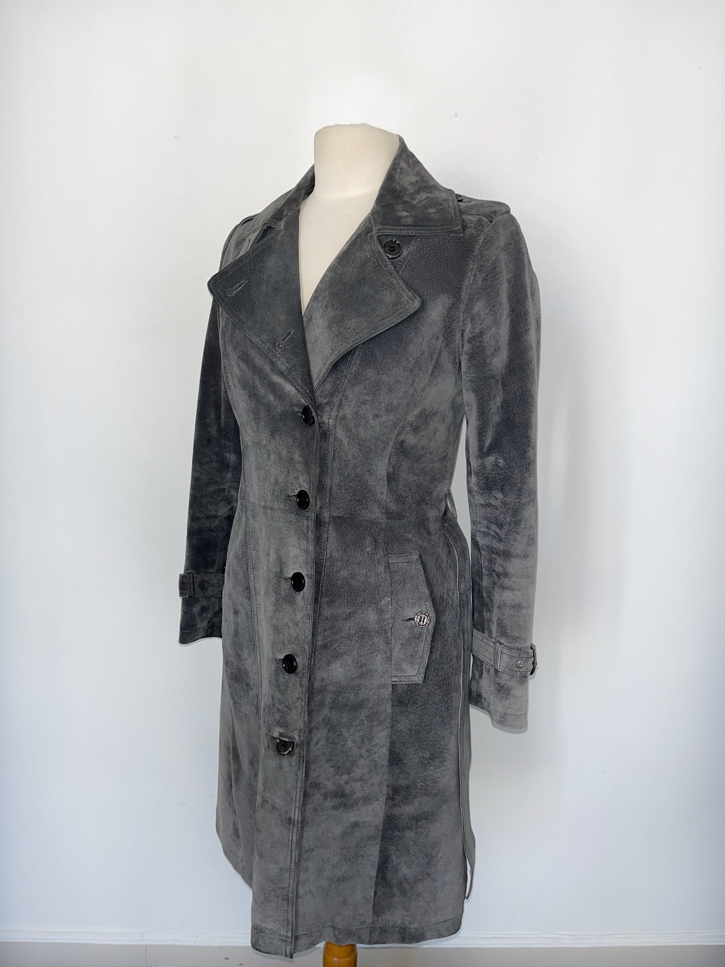 Manteau vintage long en cuir gris souris – Taille 38/40